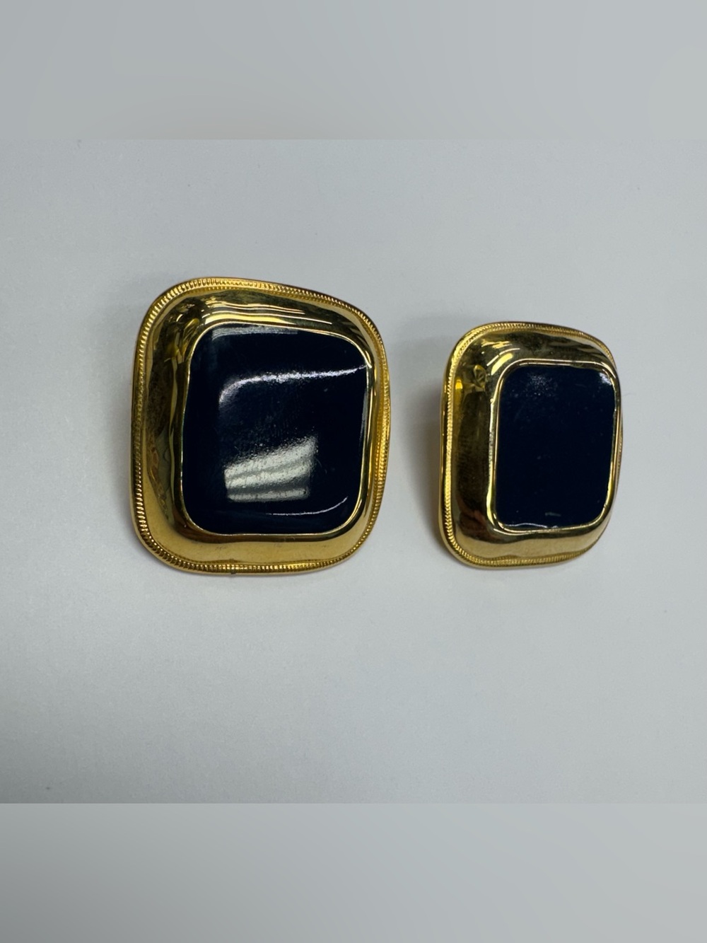 Chic 80s/90s Style Gold & Dark Blue Enamel Square Cushion Earrings